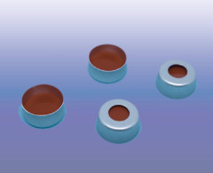 Preassembled cap and septa for 11mm Crimp neck, Aluminum cap, Blue, centre hole, Natural Rubber redorange/ Butyl red/TEF transparent, 0.040" thick