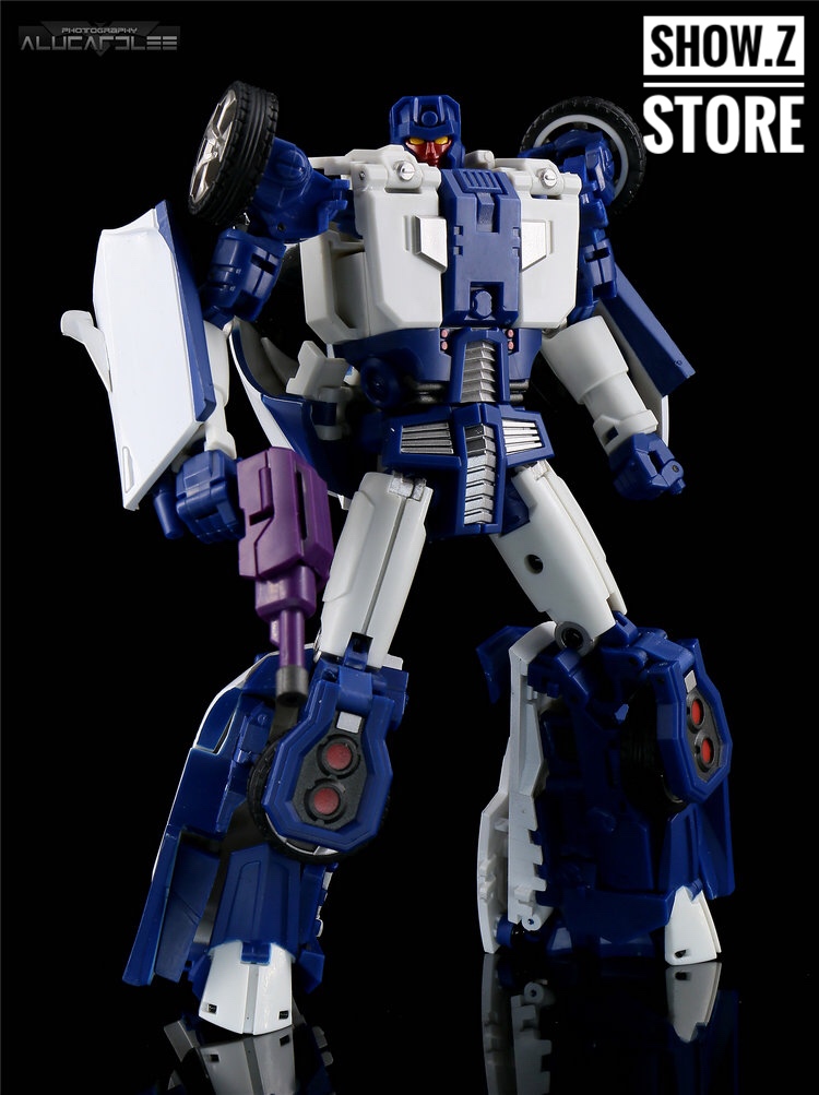 Blue white transformer robot shown from front angle view Blue white transformer robot shown from front angle view