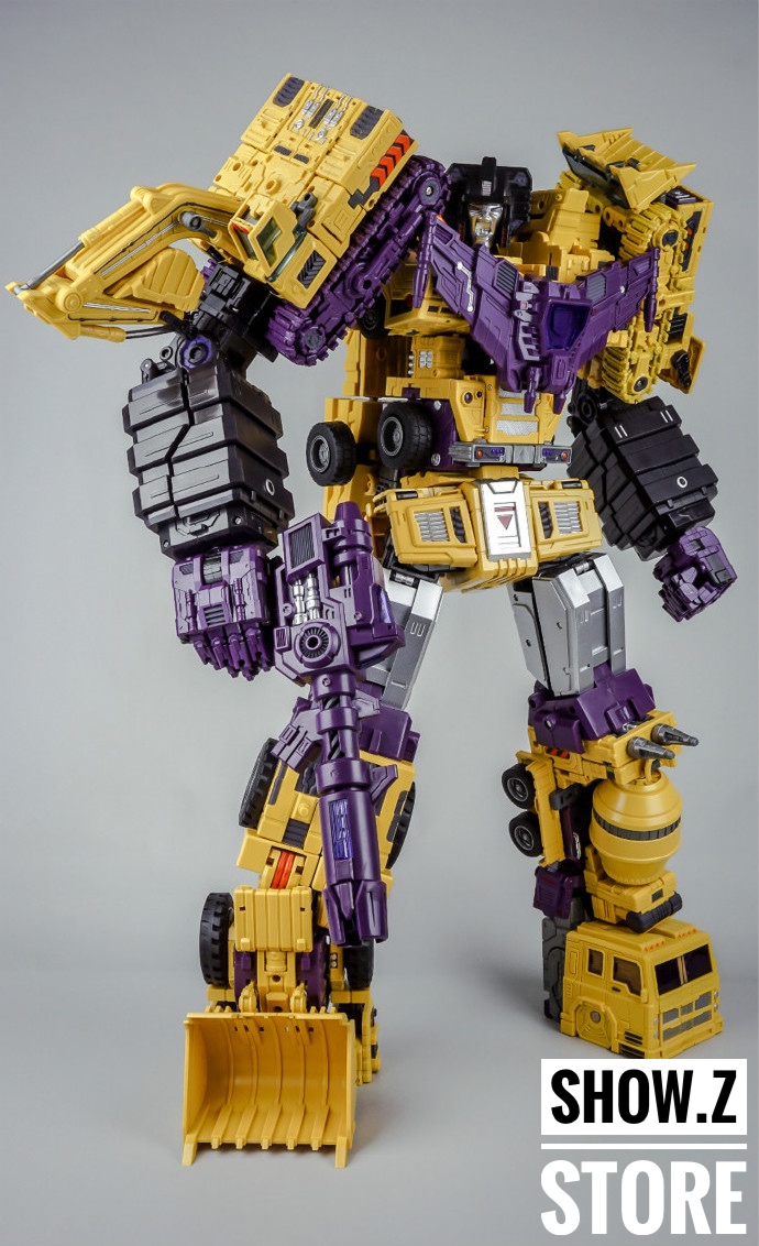 Yellow purple construction robot figure with multiple vehicle forms Yellow purple construction robot figure with multiple vehicle forms