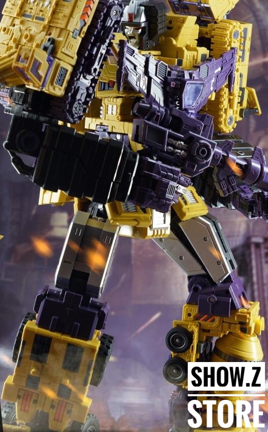 Multiple yellow purple construction vehicles combining into single robot figure Multiple yellow purple construction vehicles combining into single robot figure