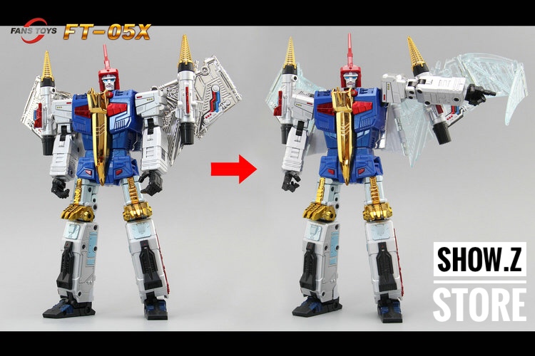 FansToys FT-05X Soar Comic Blue robot white light blue wings extended FansToys FT-05X Soar Comic Blue robot white light blue wings extended