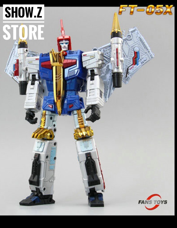 FansToys FT-05X Soar Comic Blue robot elevated pose with wing detail FansToys FT-05X Soar Comic Blue robot elevated pose with wing detail