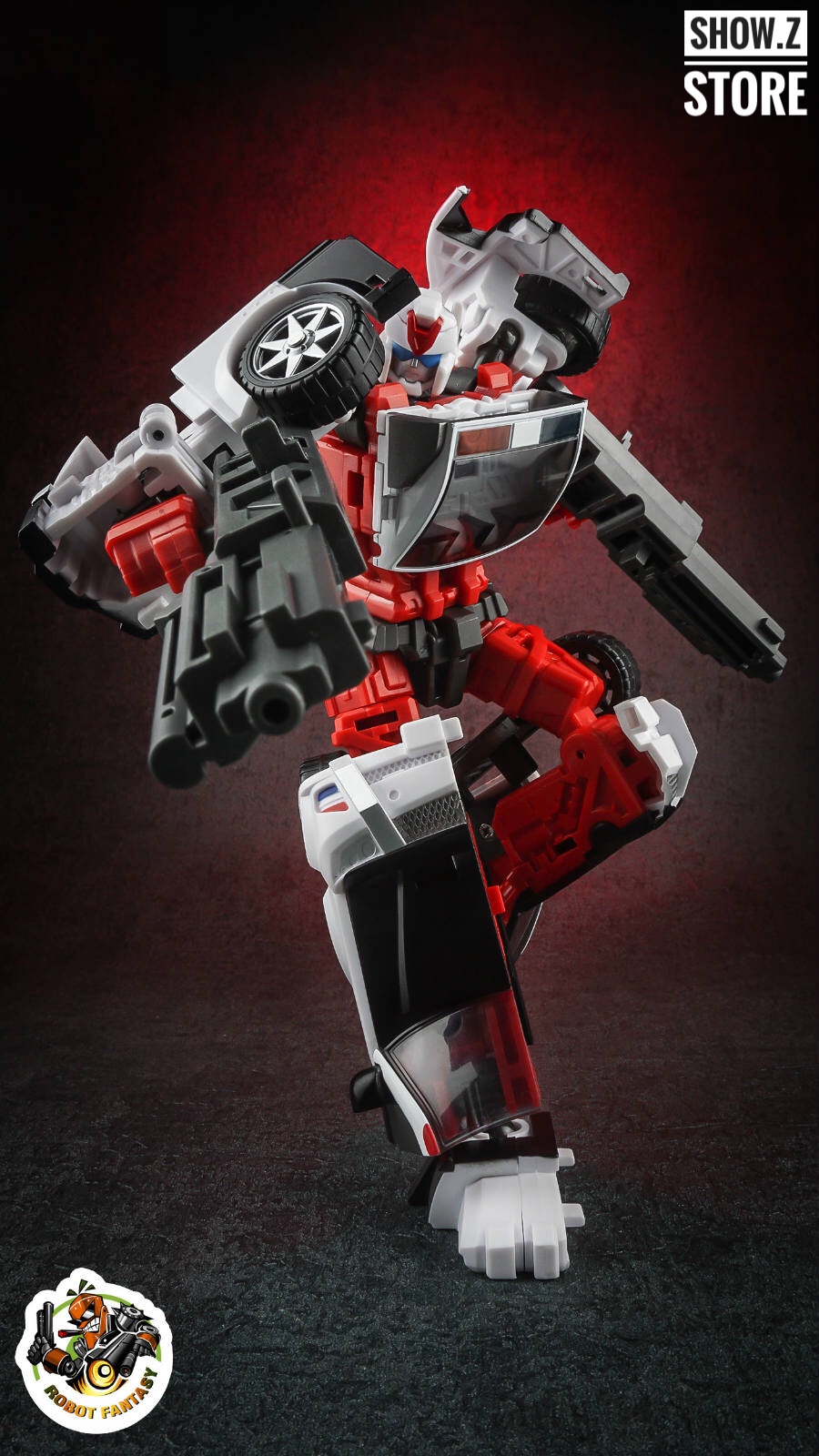 Yes Model Rover Streetwise robot red and white balanced stance mid-action Yes Model Rover Streetwise robot red and white balanced stance mid-action