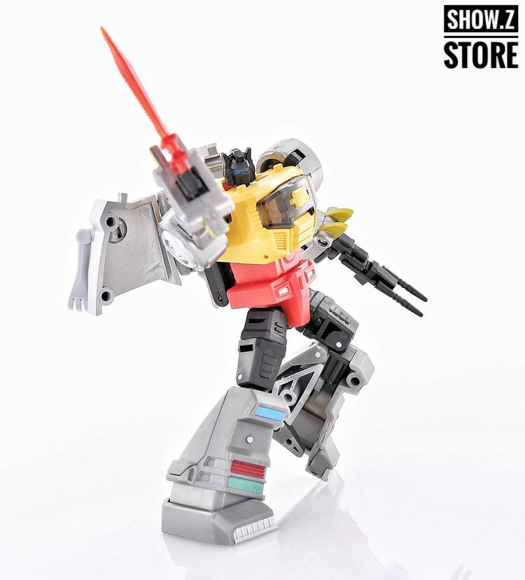 DX9 X22 Rager yellow red robot in vertical action stance overhead DX9 X22 Rager yellow red robot in vertical action stance overhead
