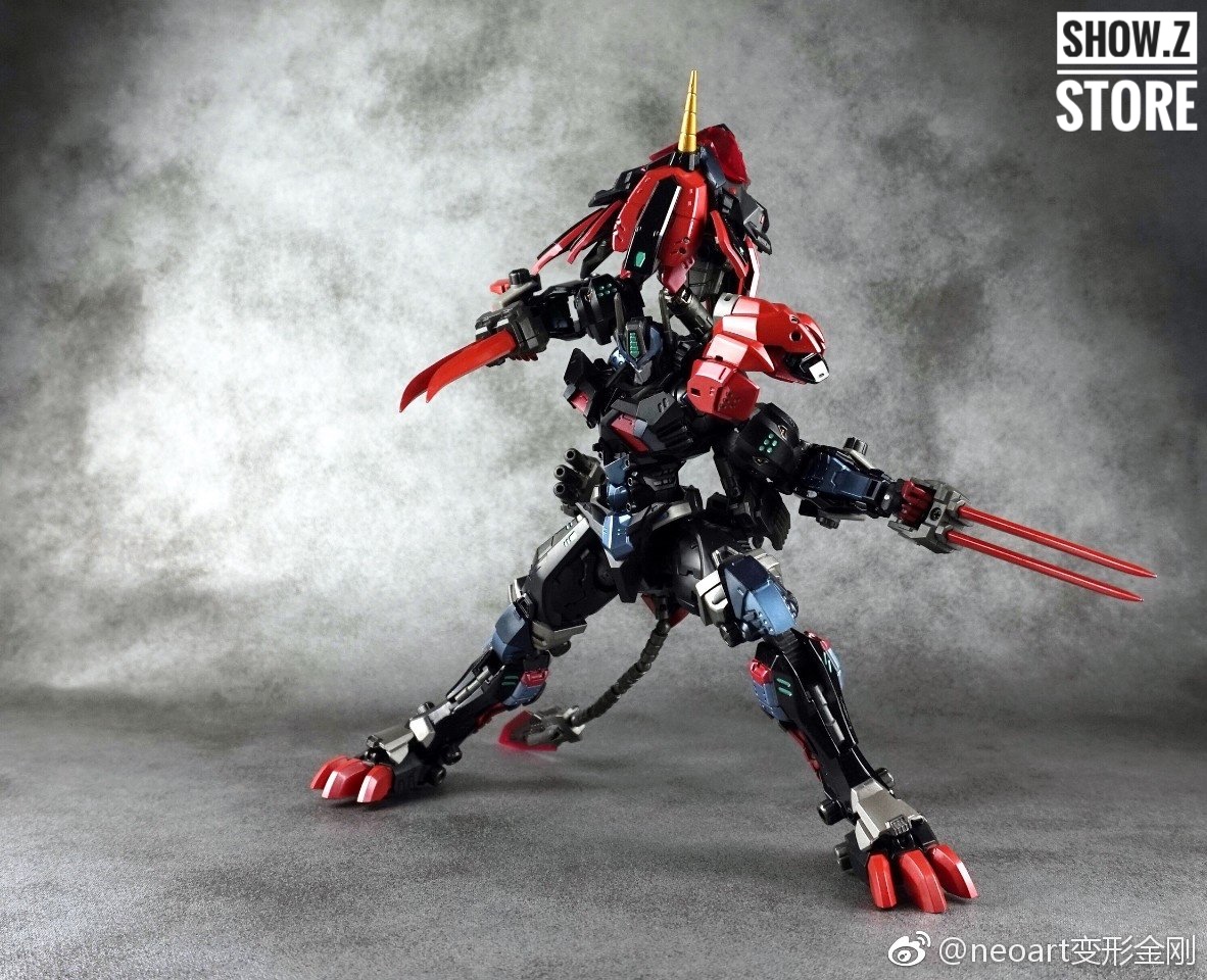 NeoArt Leonidas Prime lion black robot dynamic action pose sword raised NeoArt Leonidas Prime lion black robot dynamic action pose sword raised