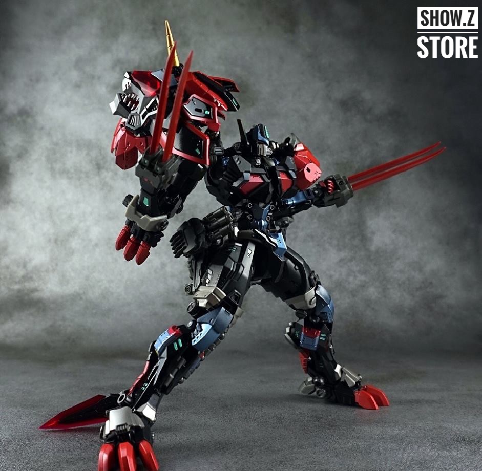 NeoArt Leonidas Prime lion black robot jumping pose extended limbs NeoArt Leonidas Prime lion black robot jumping pose extended limbs