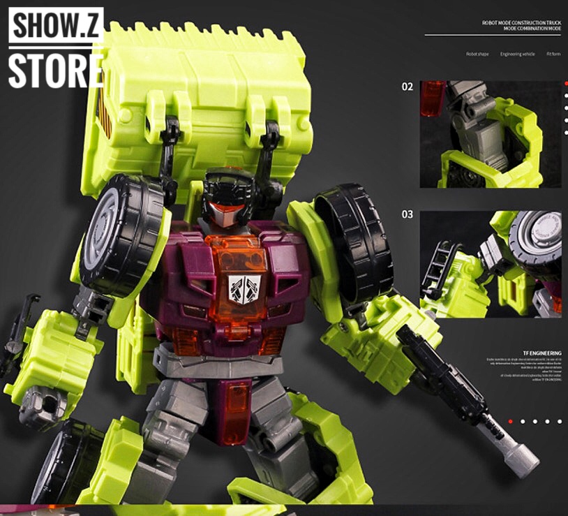 NBK NBK-01 Scrapper yellow green robot with details multiple angles NBK NBK-01 Scrapper yellow green robot with details multiple angles