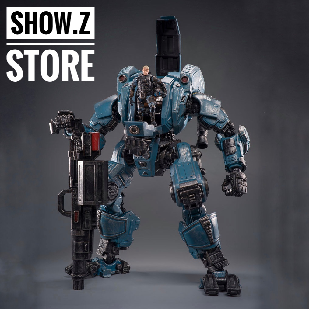 Blue and white steel mecha Pangu with large cannon weapon Blue and white steel mecha Pangu with large cannon weapon
