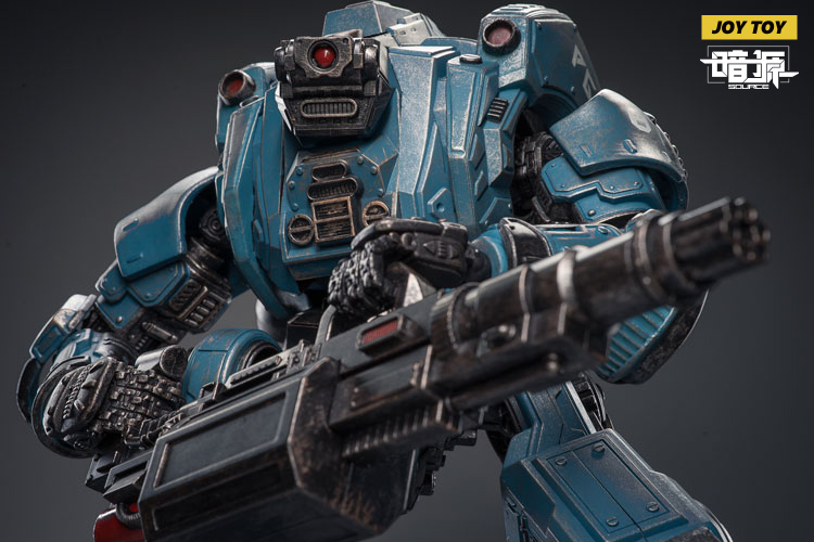 Blue armored robot with chest-mounted energy cannon detail Blue armored robot with chest-mounted energy cannon detail