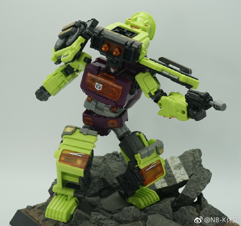 NBK-04 MixMaster lime yellow armored robot mid-stride action NBK-04 MixMaster lime yellow armored robot mid-stride action