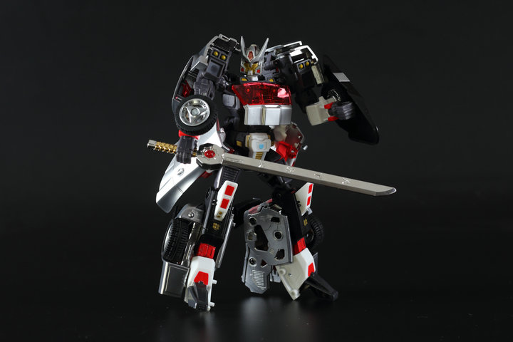 Silver BlitzWarrior robot with extended weapon and articulated limbs Silver BlitzWarrior robot with extended weapon and articulated limbs