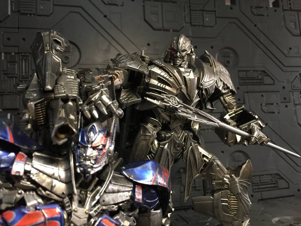 Detailed metallic robot with ornate sword against dark tech background Detailed metallic robot with ornate sword against dark tech background