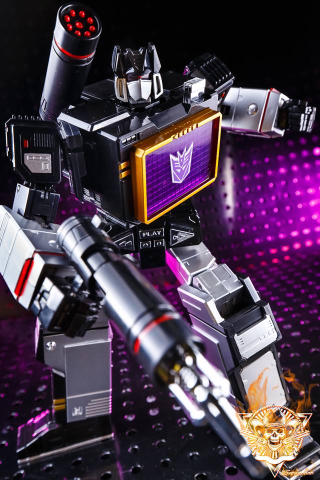 Soundblaster robot holding red rifle cannon with purple lighting backdrop Soundblaster robot holding red rifle cannon with purple lighting backdrop