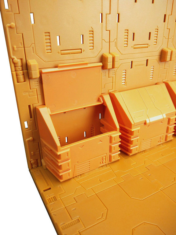 Orange modular background with detailed structural elements and storage compartments Orange modular background with detailed structural elements and storage compartments