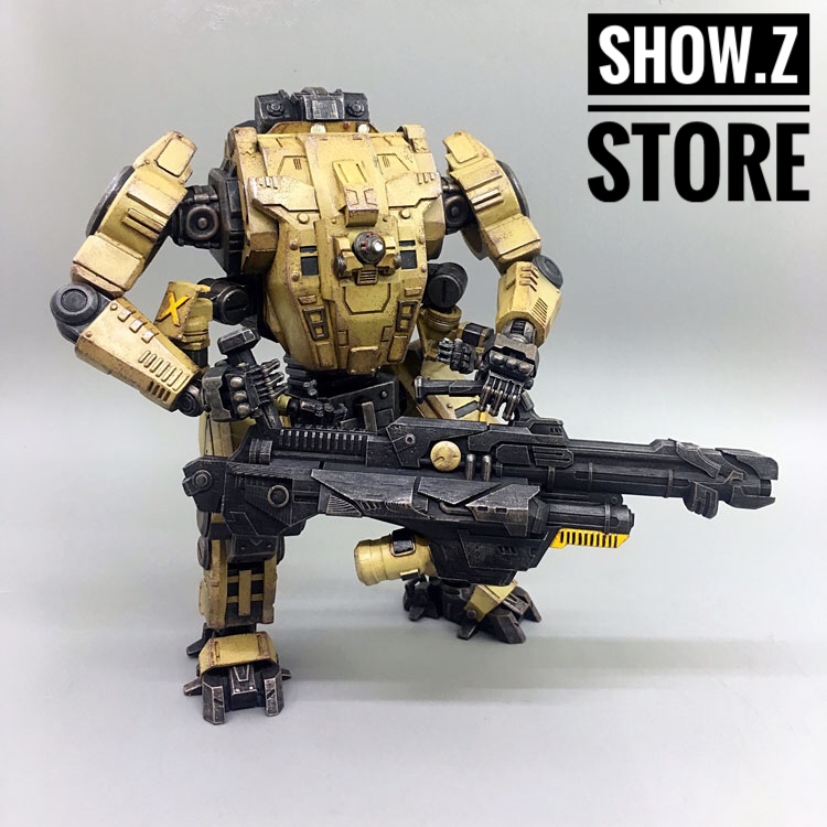 Tan and black heavily-armored mecha soldier in combat stance with axe Tan and black heavily-armored mecha soldier in combat stance with axe