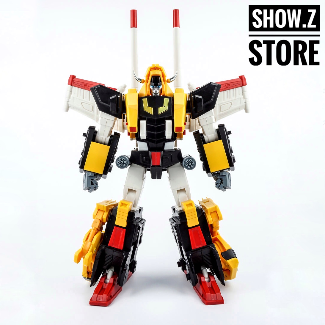 Yellow and black lion robot with extended white antennas in action pose Yellow and black lion robot with extended white antennas in action pose