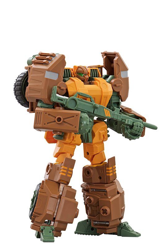 Orange yellow and brown armored robot in warrior stance Orange yellow and brown armored robot in warrior stance