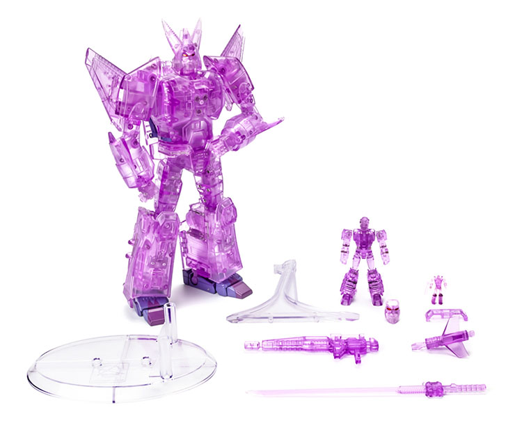 Purple Eligos with articulated arms and detailed weaponry display Purple Eligos with articulated arms and detailed weaponry display