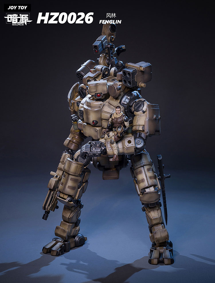 Weathered tan mecha figure in side profile showing mechanical armor construction Weathered tan mecha figure in side profile showing mechanical armor construction