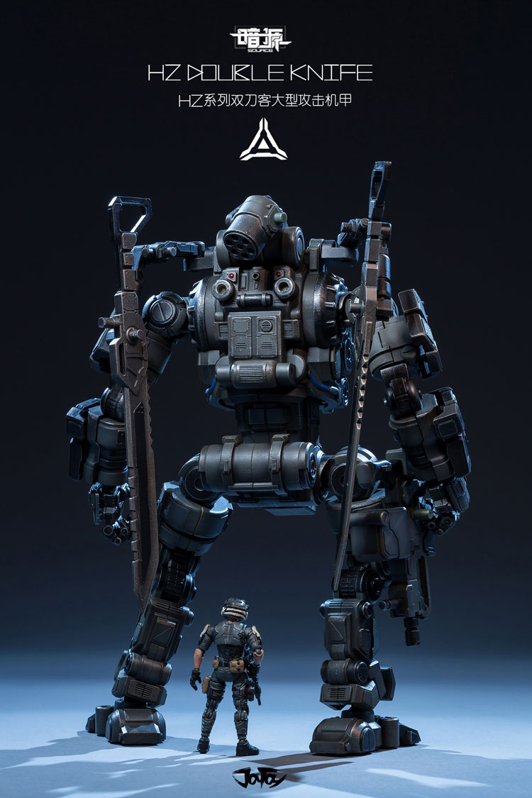 Dark gray robot with double sword weapons in action pose Dark gray robot with double sword weapons in action pose