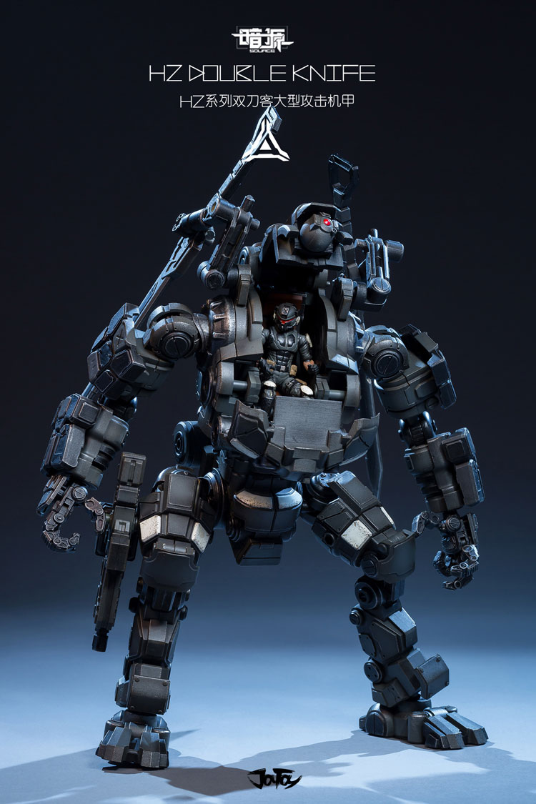 Gray mechanical suit with dual blade weapons and articulated joints Gray mechanical suit with dual blade weapons and articulated joints