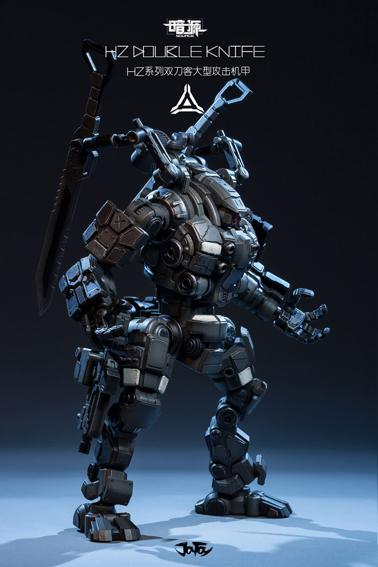 Gray mechanical warrior with extended arm blades and full armor Gray mechanical warrior with extended arm blades and full armor