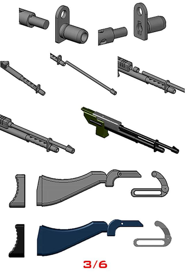 Weapon mounting systems with blue and green colored parts Weapon mounting systems with blue and green colored parts