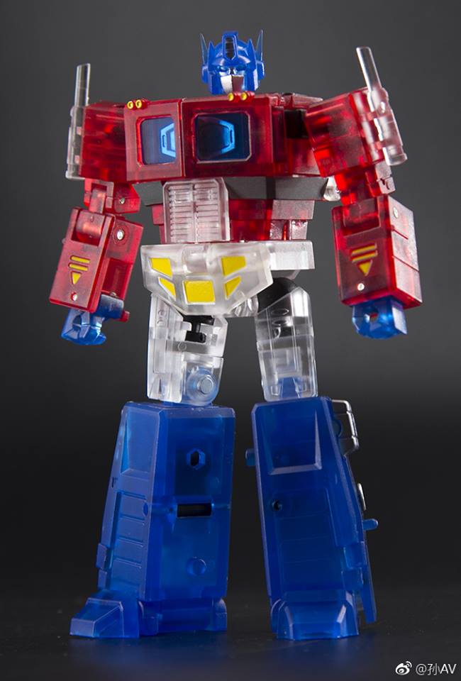 Red and blue Optimus Prime robot with transparent display case Red and blue Optimus Prime robot with transparent display case