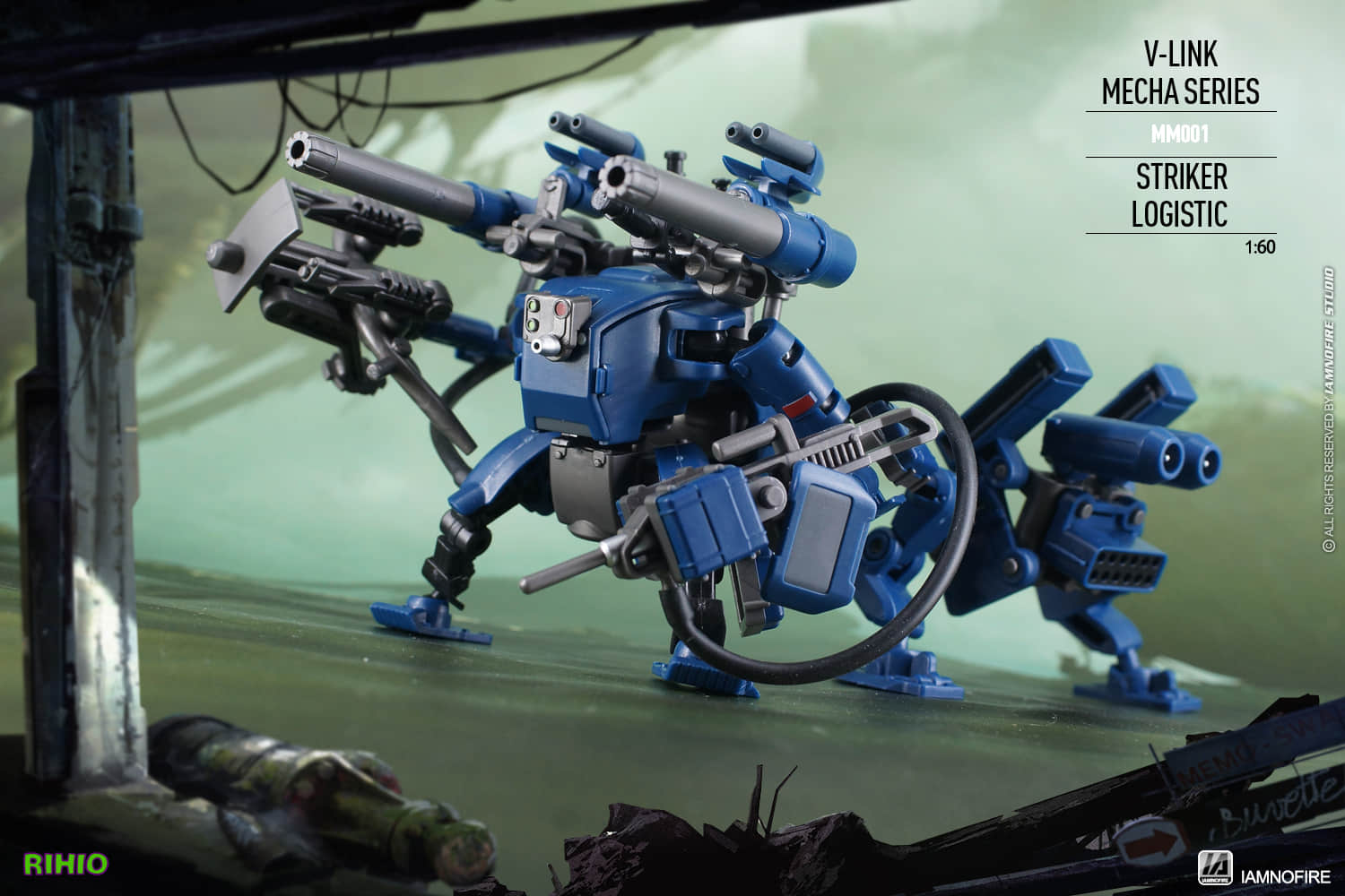 Blue mecha with red weapons in dynamic action pose Blue mecha with red weapons in dynamic action pose