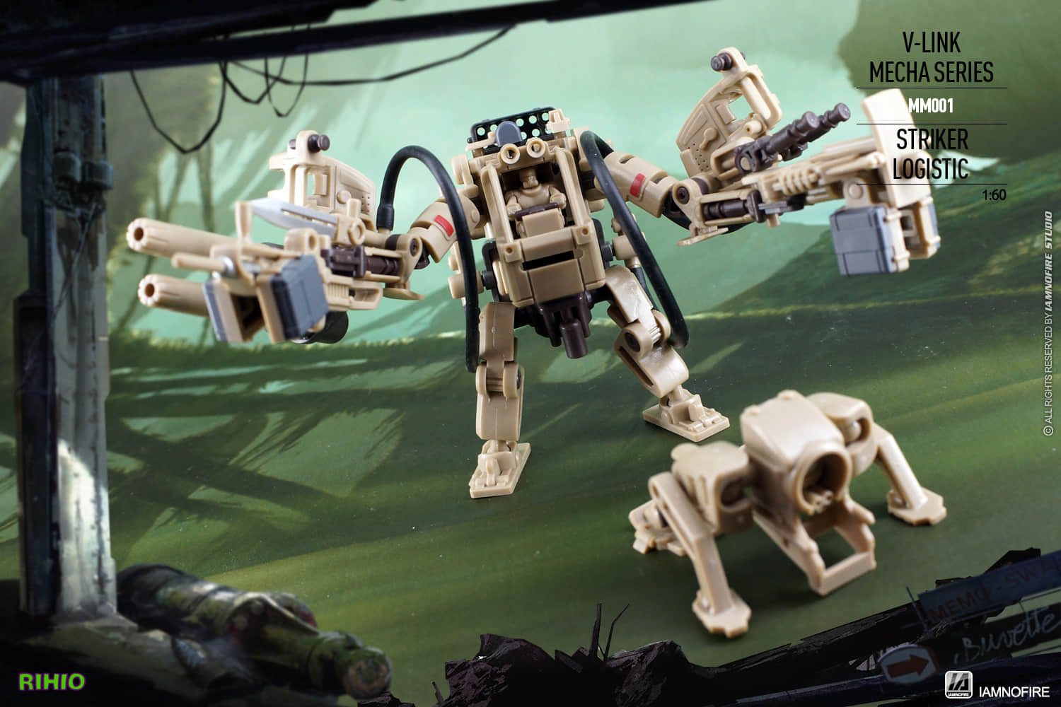 White and tan mecha striker with weapon systems and armor White and tan mecha striker with weapon systems and armor
