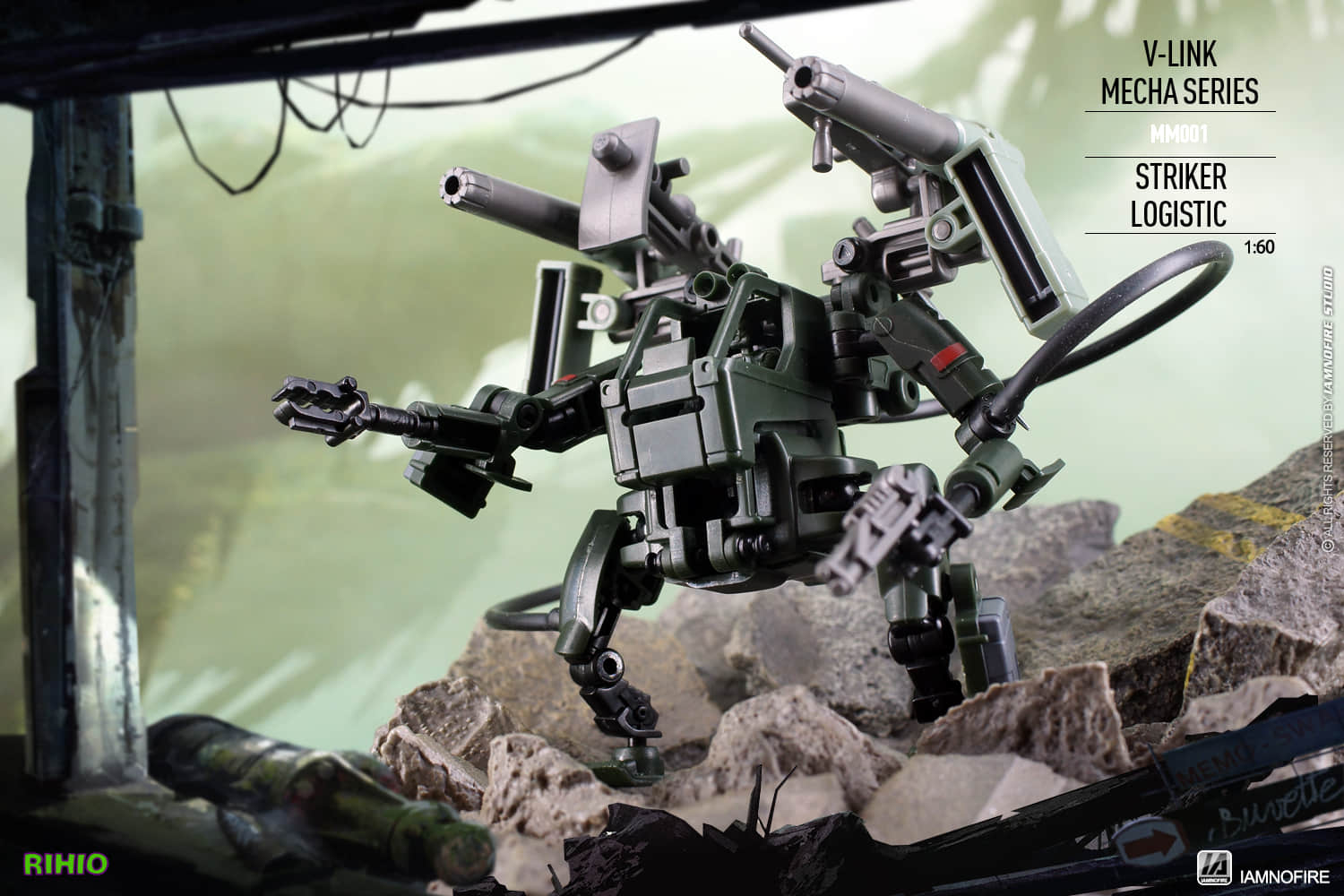 Tan mecha with black armor and tactical loadout configuration Tan mecha with black armor and tactical loadout configuration