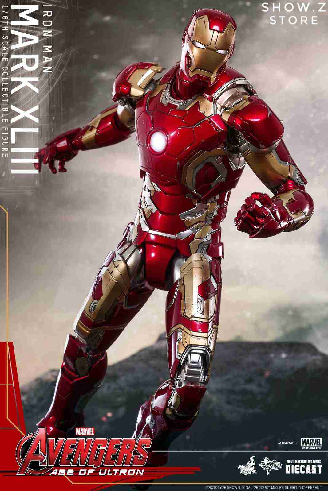 Mark XLIII suit with glowing repulsor on chest Mark XLIII suit with glowing repulsor on chest