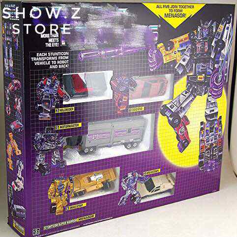 Box packaging showing five colorful Menasor Stunticon combiner figures Box packaging showing five colorful Menasor Stunticon combiner figures