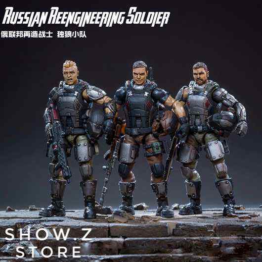 Three armored military action figures in tactical gear and combat suits Three armored military action figures in tactical gear and combat suits