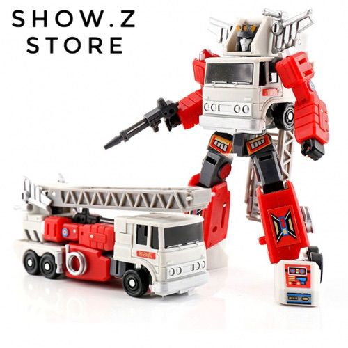Red and white fire truck robot with metallic ladder extended Red and white fire truck robot with metallic ladder extended
