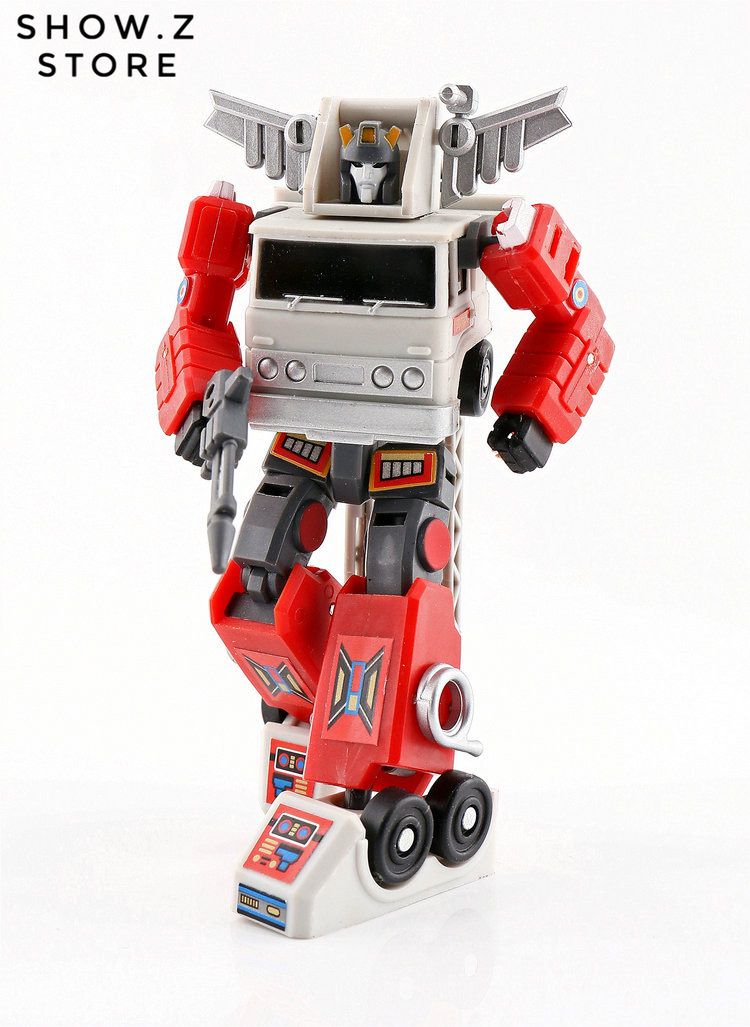Robot in standing mode with red and cream color scheme Robot in standing mode with red and cream color scheme