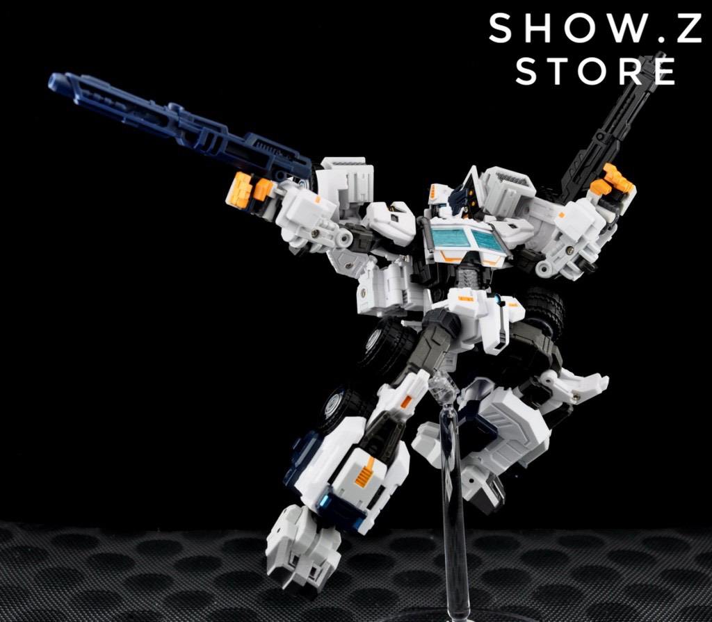 Robot with dual blue cannons in dynamic action pose Robot with dual blue cannons in dynamic action pose