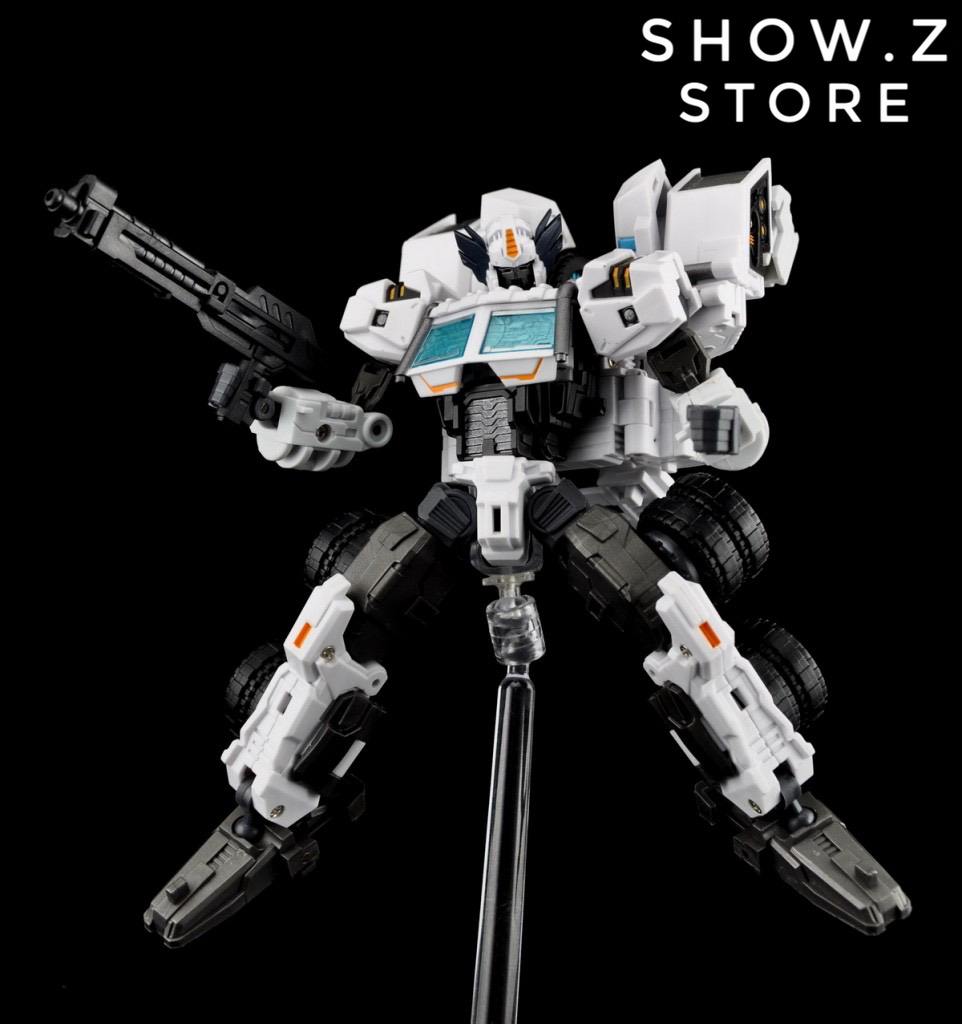 Detailed robot figure in robot mode with blue and orange accents Detailed robot figure in robot mode with blue and orange accents
