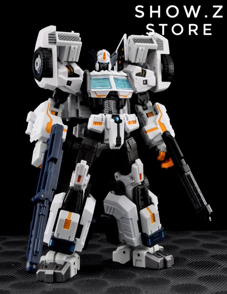 White and black robot in compact stance with mounted weapons White and black robot in compact stance with mounted weapons