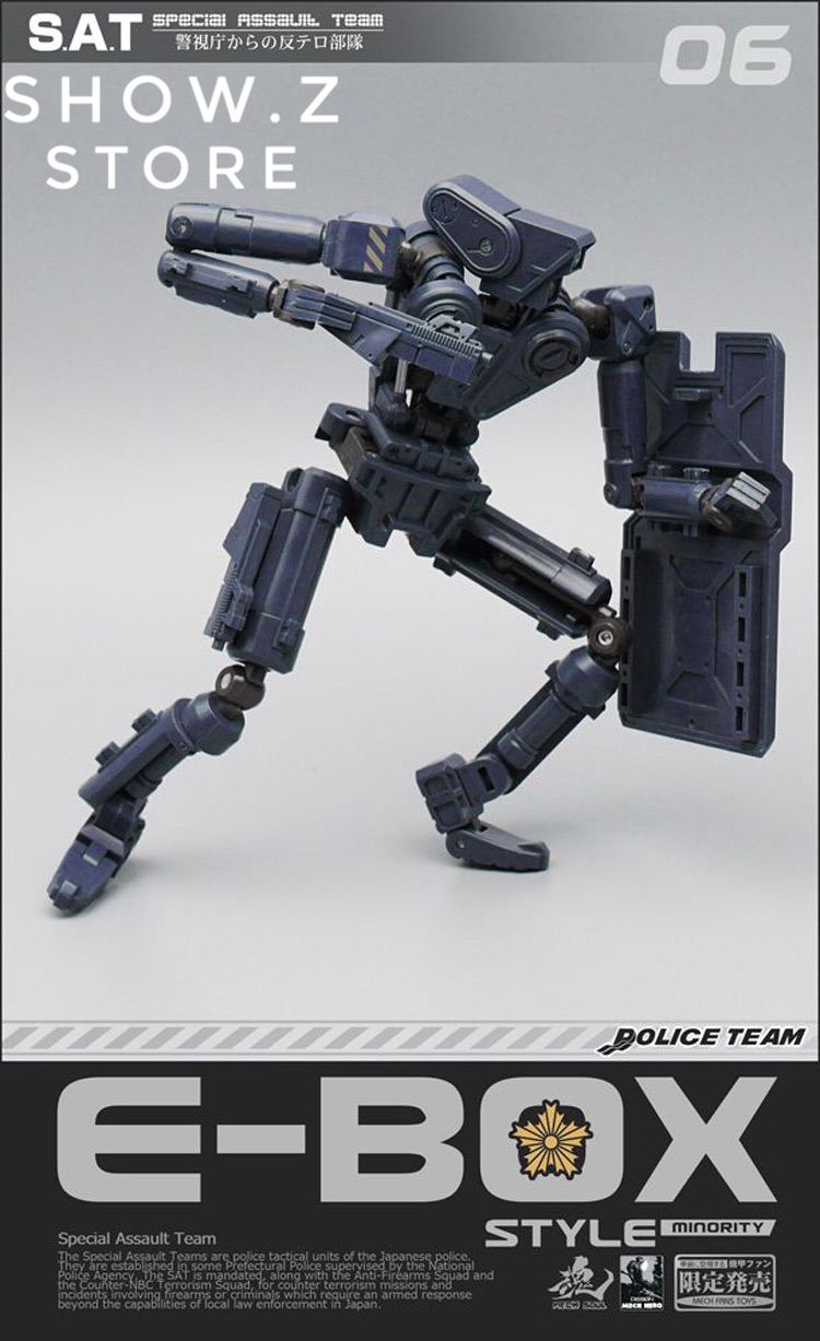 Robot with black shield cannons and extended arms weaponry Robot with black shield cannons and extended arms weaponry