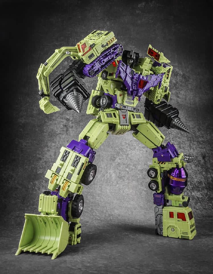 Devastator combiner robot with purple yellow lime green color scheme metallic finish Devastator combiner robot with purple yellow lime green color scheme metallic finish