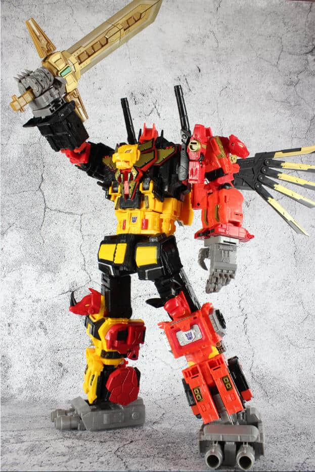 Assembled Feral Rex combiner robot in red and yellow colors Assembled Feral Rex combiner robot in red and yellow colors