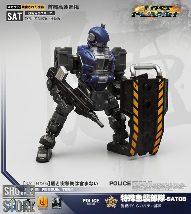 Blue and black police robots with weapons in action poses Blue and black police robots with weapons in action poses