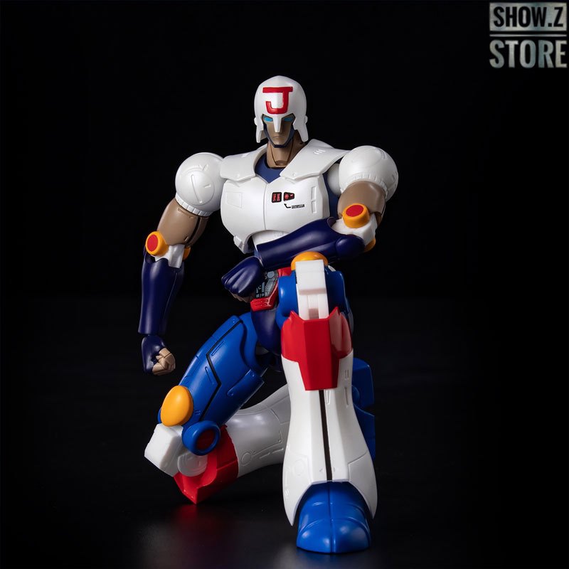 Front centered stance of blue and white robot warrior Front centered stance of blue and white robot warrior