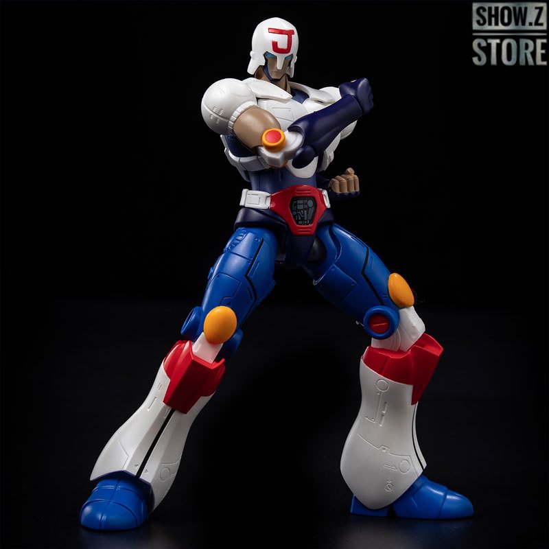 Side action pose of white and blue martial artist robot Side action pose of white and blue martial artist robot