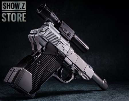 White grey robot in gun mode pistol transformation state White grey robot in gun mode pistol transformation state
