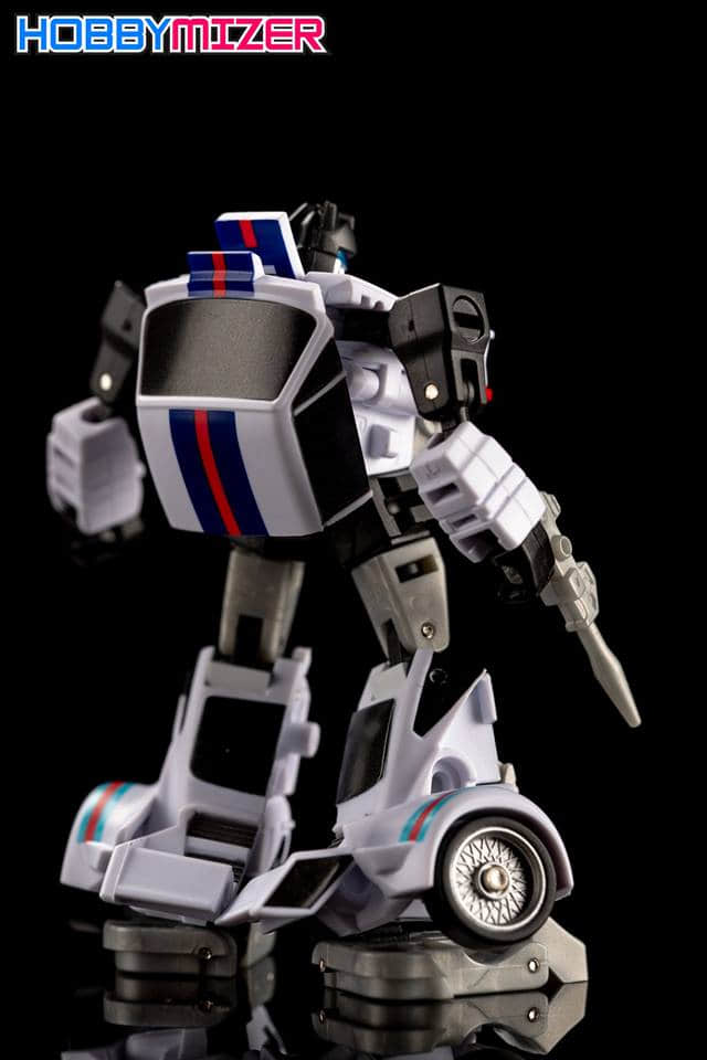 White car mode robot collectible with racing number four White car mode robot collectible with racing number four