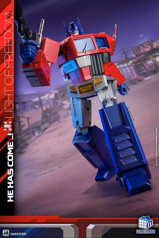 Optimus Prime in dynamic action pose with extended weapons Optimus Prime in dynamic action pose with extended weapons