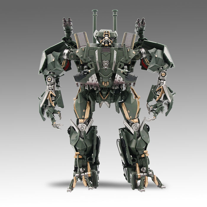 Dark olive robot with exposed mechanical details and gold accents Dark olive robot with exposed mechanical details and gold accents