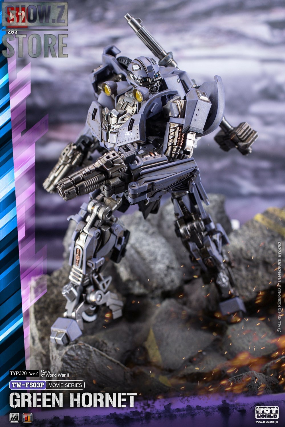 Robot with yellow and black armor holding multiple weapons Robot with yellow and black armor holding multiple weapons
